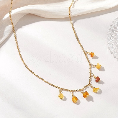 Natural Amber Chip Pendant Bib Necklaces with 304 Stainless Steel Cable Chains NJEW-JN05942-1