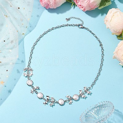 Flat Round Pearl with Bowknot Alloy Link Necklaces NJEW-JN04812-1
