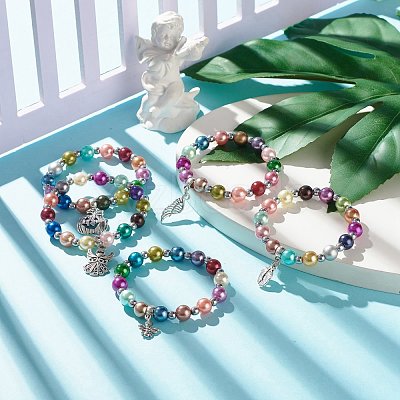 Imitation Pearl Beaded Stretch Bracelet with Drop Charm for Kids BJEW-JB07638-1