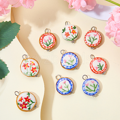 12Pcs 6 Styles Handmade Printed Porcelain Pendants PALLOY-SW00123-1