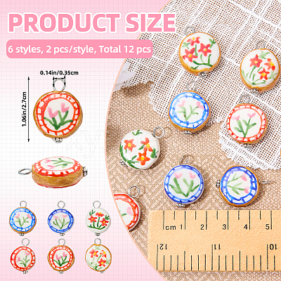 12Pcs 6 Styles Handmade Printed Porcelain Pendants PALLOY-SW00123-1