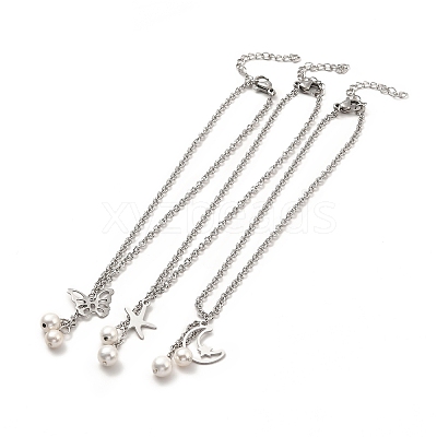 CCB Pearl & 304 Stainless Steel Charm Anklet for Women AJEW-C021-22P-1