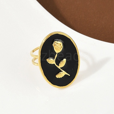 Oval with Rose Pattern 304 Stainless Steel Enamel Finger Rings for Women RJEW-G355-10G-1
