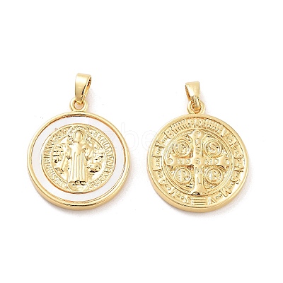 Rack Plating Brass Pave Shell Flat Round Pendants X-KK-C063-17G-1