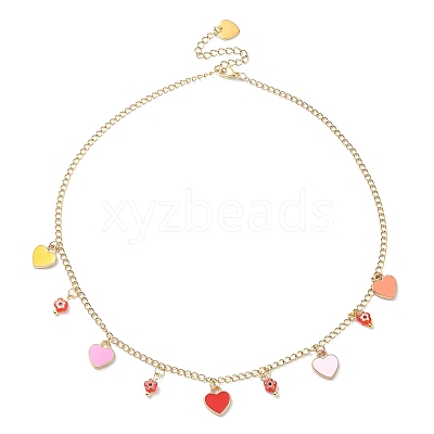 Alloy Heart & Millefiori Glass Flower Bib Necklace with Ion Plating(IP) Handmade 304 Stainless Steel Chains NJEW-JN04403-1