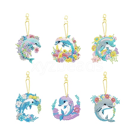 6 Styles Summer Flower Dolphin DIY Diamond Keychain Painting Kit PW-WG95966-01-1