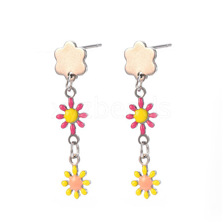 Enamel Flower Long Dangle Stud Earrings EJEW-N049-04C-1