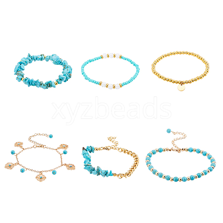 FIBLOOM 6Pcs 6 Style Alloy Flower Charm Bracelets Set BJEW-FI0001-79-1