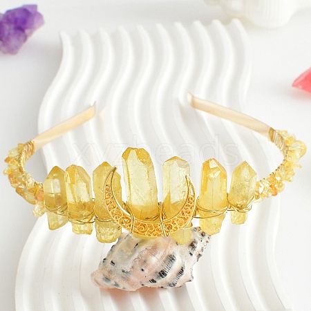 Hollow Moon Metal with Raw & Chips Natural Quartz Wrapped Hair Hair Bands PW-WG8276D-02-1