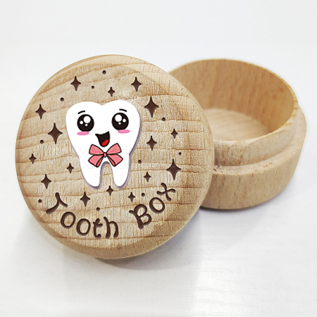 Round Beech Wooden 3D Engraved My First Tooth Box CON-WH0120-004-1