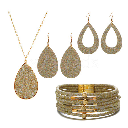 Textured Imitation Leather Teardrop Pendant Necklace & Dangle Earrings & Multi-Strand Bracelet JX529E-1