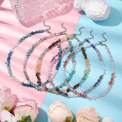 Natural Rose Quartz & Quartz Crystal & Amethyst & Howlite & Apatite & Carnelian & Citrine & Tiger Eye & Green Aventurine Chip Beaded Necklaces NJEW-JN05099-1