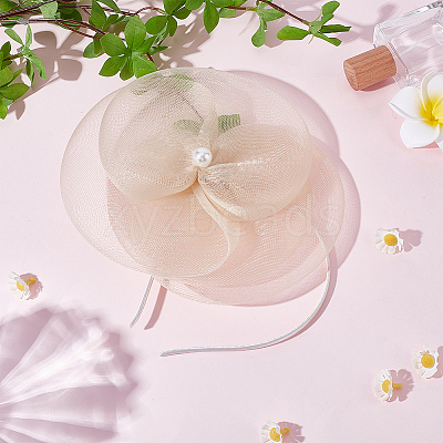 Hat Flower Mesh Organza Feathers on a Hair Band Party Headwear for Girls and Women OHAR-WH0051-009-1