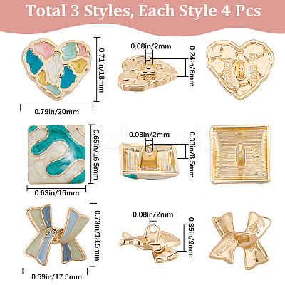 12pcs 3 Style Bowknot/Heart/Square 1-Hole Alloy Enamel Shank Buttons BUTT-GF0003-81-1