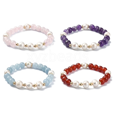 Natural Mixed Gemstone & Pearl Beaded Stretch Bracelet for Women BJEW-JB09384-1