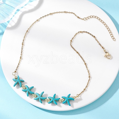 Ocean Dyed Synthetic Turquoise Starfish Beaded Bib Necklaces with 304 Stainless Steel Satellite Chains NJEW-JN05979-01-1