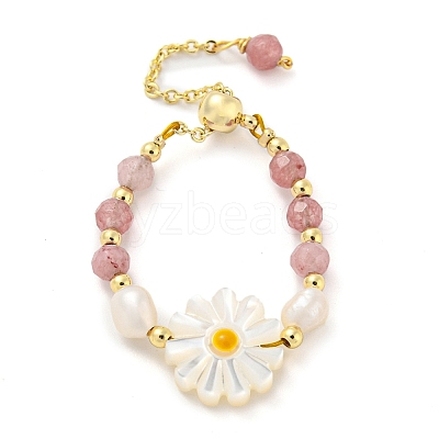 Natural Tourmaline & Pearl & Shell Flower Beaded Slider Finger Rings RJEW-H220-01G-1