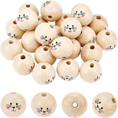 30Pcs Printed Natural Wood European Beads WOOD-FH0001-92-1