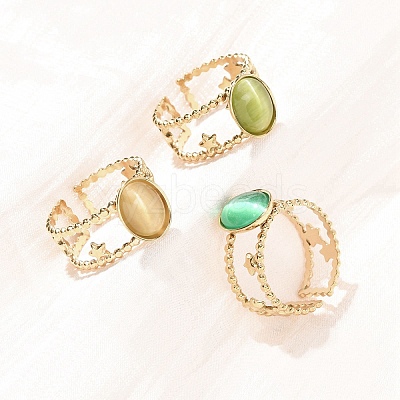 304 Stainless Steel with Glass Cat Eye Cuff Rings for Women RJEW-K309-40C-1