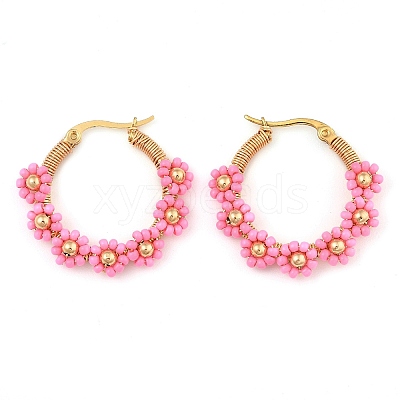 304 Stainless Steel & Bohemian Beaded Flower Hoop Earrings for Women EJEW-R001-02G-03-1