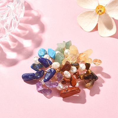 Natural Mixed Gemstone Chips & Pearl Beaded Flower Brooch Pin JEWB-BR00106-1
