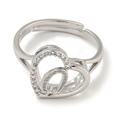 Heart with Letter Rack Plating Brass Micro Pave Cubic Zirconia Adjustable Rings for Women RJEW-I105-06P-Q-1