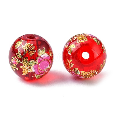 Flower Picture Printed Glass Round Beads GLAA-J087-10mm-A05-1