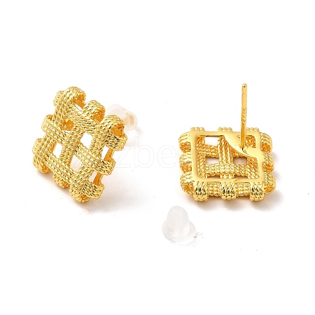 Brass Woven Rhombus Stud Earrings with 925 Sterling Silver Pins for Women EJEW-F292-01G-1