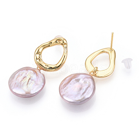 Natural Flat Round Baroque Keshi Pearl Dangle Stud Earrings PEAR-N020-L37-1