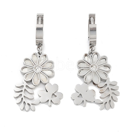 Left and Right Clover & Flower 304 Stainless Steel Shell Dangle Earrings EJEW-L283-068P-1