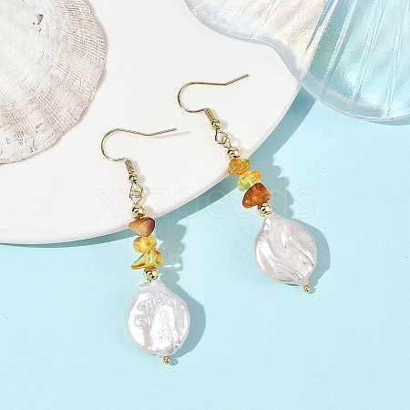 Natural Amber Chip & Natural Keshi Pearl Dangle Earrings EJEW-JE07445-01-1