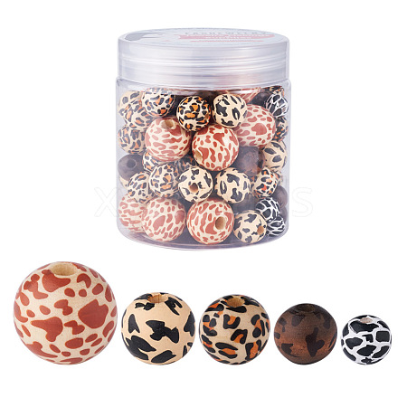Fashewelry 100Pcs 5 Styles Printed Natural Wooden Beads WOOD-FW0001-03-1