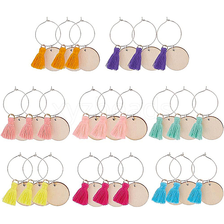 BENECREAT 24Pcs 8 Colors Flat Round Wood & Tassel Dangle Wine Glass Charms AJEW-BC0003-13-1