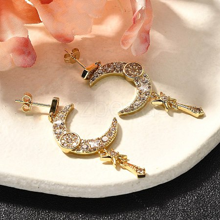 Moon Brass Micro Pave Clear Cubic Zirconia Dangle Stud Earrings EJEW-C126-10G-1