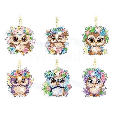 6Pcs DIY Diamond Painting Owl Keychain Kits PW-WG18808-02-1