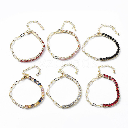 Brass Micro Pave Cubic Zirconia Strass & Paperclip Chain Bracelets BJEW-C052-04G-1