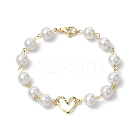 8mm Round Shell Pearl & Brass Heart Link Bracelets for Women BJEW-JB10424-1