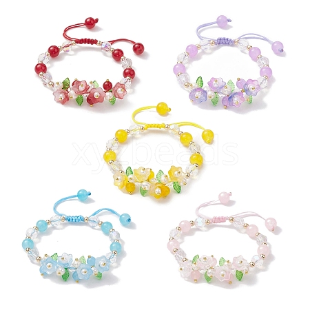 Flower Glass & Acrylic Braided Bead Adjustable Bracelets for Women BJEW-JB10446-1