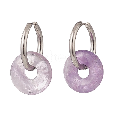 Natural Amethyst Pi Disc/Donut Dangle Hoop Earrings EJEW-JE05132-03-1