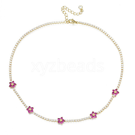 Cubic Zirconia Classic Tennis Necklace with Flower Links NJEW-N048-01E-1