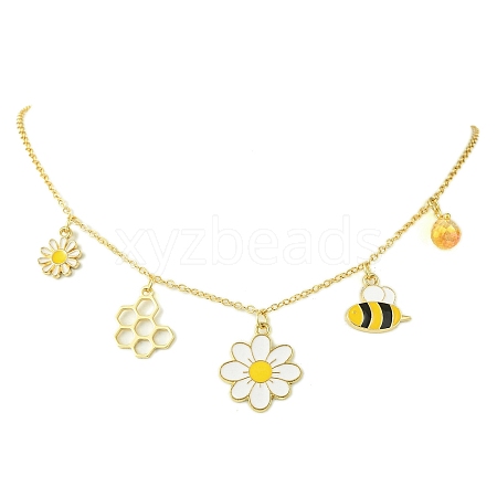 Flower & Bees & Honeycomb Alloy & Glass Pendant Necklaces NJEW-TA00165-1