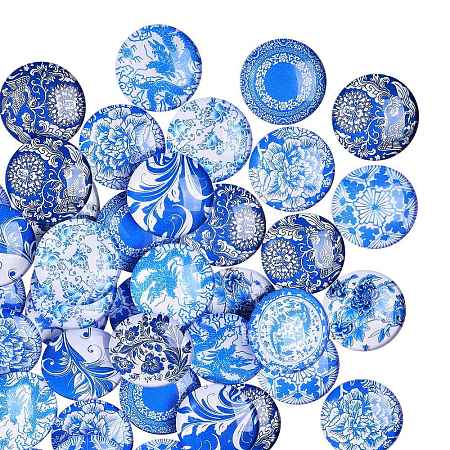 50Pcs Blue and White Printed Glass Cabochons GGLA-SZ0001-23-1