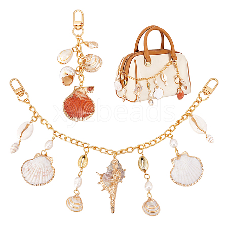 1Pc Natural Shell Charm Aluminium Curb Chains Bag Decorative Chains with 1Pc Pendant Decorations HJEW-PH02264-1