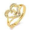 Heart with Letter Rack Plating Brass Micro Pave Clear Cubic Zirconia Adjustable Rings for Women RJEW-I105-01G-J-1