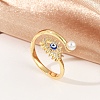 Evil Eye Brass Micro Pave Clear Cubic Zirconia Open Cuff Rings for Women. with ABS Plastic Imitation Pearl and Enamel RJEW-G343-20G-1