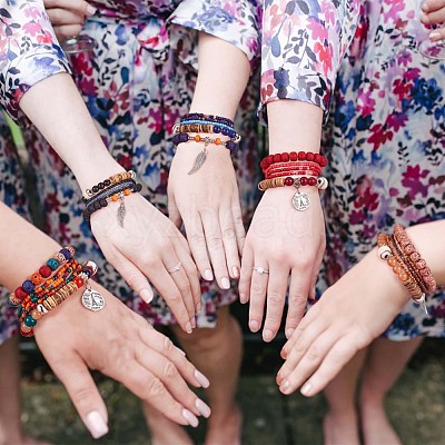 5Pcs 5 Style Wood & Glass Seed & Acrylic Beaded Stretch Bracelets Set with Baseball JB709E-1