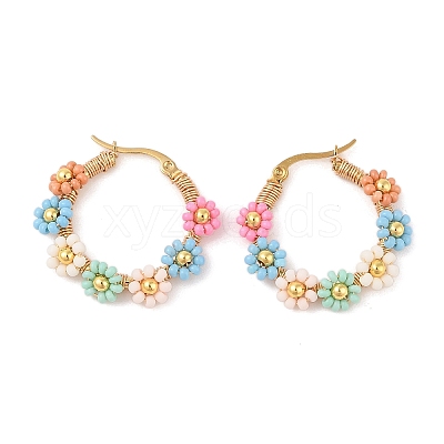 PVD Vacuum Plating 304 Stainless Steel Flower Hoop Earrings EJEW-U017-01G-03-1