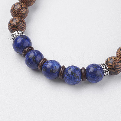 Natural Lava Rock & Wenge Wood Beads & Coconut Stretch Bracelets BJEW-I241-03J-1