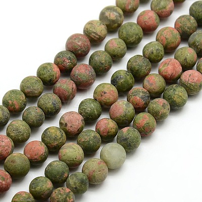 Natural Frosted Unakite Round Bead Strands G-M064-6mm-06-1