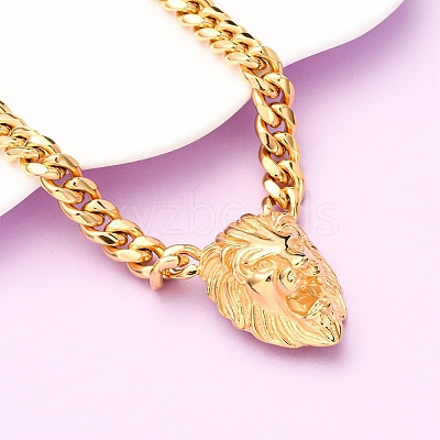 304 Stainless Steel Lion Head Pendant Cuban Link Chain Necklaces NJEW-C099-05G-1